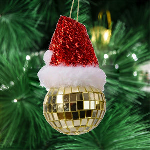 Mosaic Mirror Tiles Mirror Disco Ball Christmas Tree Decoration with Red Santa Hat - photomoonlamp
