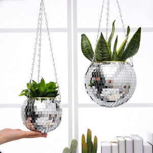 Disco Planter for Indoor Plants Unique Boho Hanging Plant Pots with Mosaic Mirror Tiles - photomoonlamp