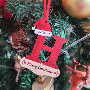 Personalized Christmas Letter Ornament with Red Hat Custom Name Christmas Tree Decoration - photomoonlamp