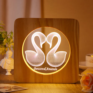 Custom Engraved Night Light Swan Wood Frame Couple Gifts