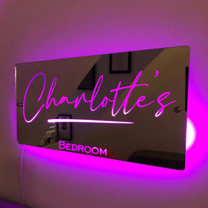 Personalised Name Mirror Sign Custom LED illuminated Light-Up Bedroom Sign