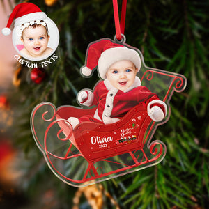 Custom Face Christmas Tree Ornament Baby on Sleigh Christmas Gift - photomoonlamp