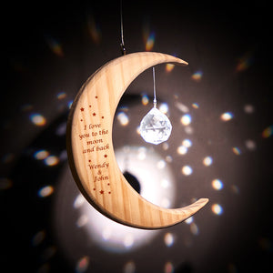 Custom Text Wooden Half Moon Shaped Pendant Crystal Hanging Ornament I love you to the moon and back