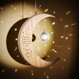 Custom Text Wooden Half Moon Shaped Pendant Crystal Hanging Ornament Family