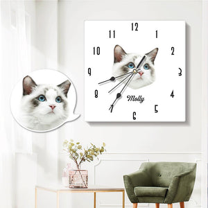 Custom Photo Engraved Wall Clock Square Lovely Cat Gifts