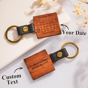 Custom Engraved Calendar Wooden Keychain Personalized Memorial Date Anniversary Gifts - photomoonlamp