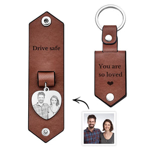 Custom Heart Shaped Photo Leather Keychain With Text Annivesary Gifts For Men - photomoonlamp