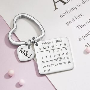 Anniversary Gifts, Custom Engraved Calendar Keychain Heart Key Ring Save the Date Keychain Creative Gift