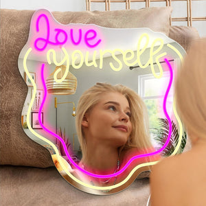 Love Yourself Mirror Light for Wall Wavy Neon Mirror LED Dimmable Light Gift for Her - photomoonlamp