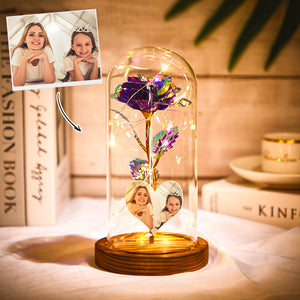 Custom Heart-shaped Photo Eternal Colorful Rose Flower LED Night Light Romantic Simulation Eternal Rose Flower Glass Cover for Anniversary and Mother's Day