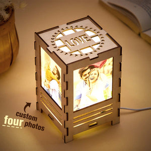 Custom Four-sided Photos Wooden Lamp Table Night Light Decoration Gift for Lover - photomoonlamp