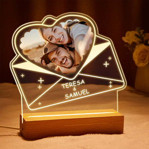 Custom Photo Acrylic Night Light with Name Personalized Lamp Couples Heart Shaped Envelopes