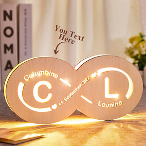 Custom Name and Date Infinity Love Sign Night Light with Initials Wooden Lamp for Lovers - photomoonlamp
