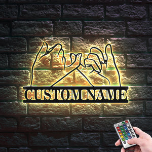 Custom Promise Hands Signs Metal Wall Art Personalized Couple Name LED Lights Decor Gift for Lover - photomoonlamp
