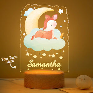 Personalized Baby Name Night Light Custom Cute Deer Sleeping On The Moon Bedside Lamp - photomoonlamp