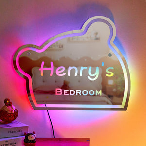 Custom Name Mirror Light Funny Children's Bedroom Bear Gift - photomoonlamp